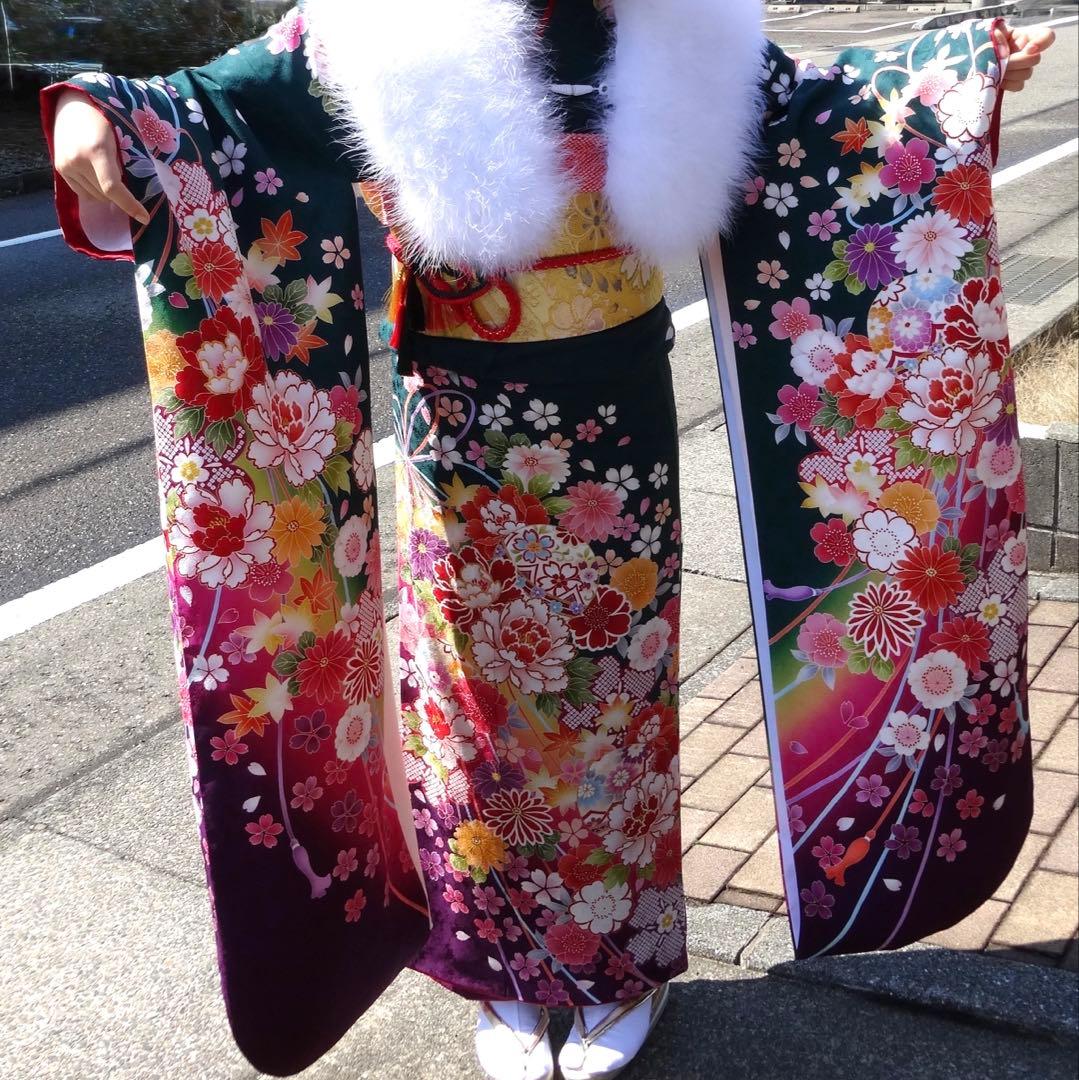 振袖　草履・バッグ・ファー・和装小物付き　正絹　京都きもの友禅　身丈160cm