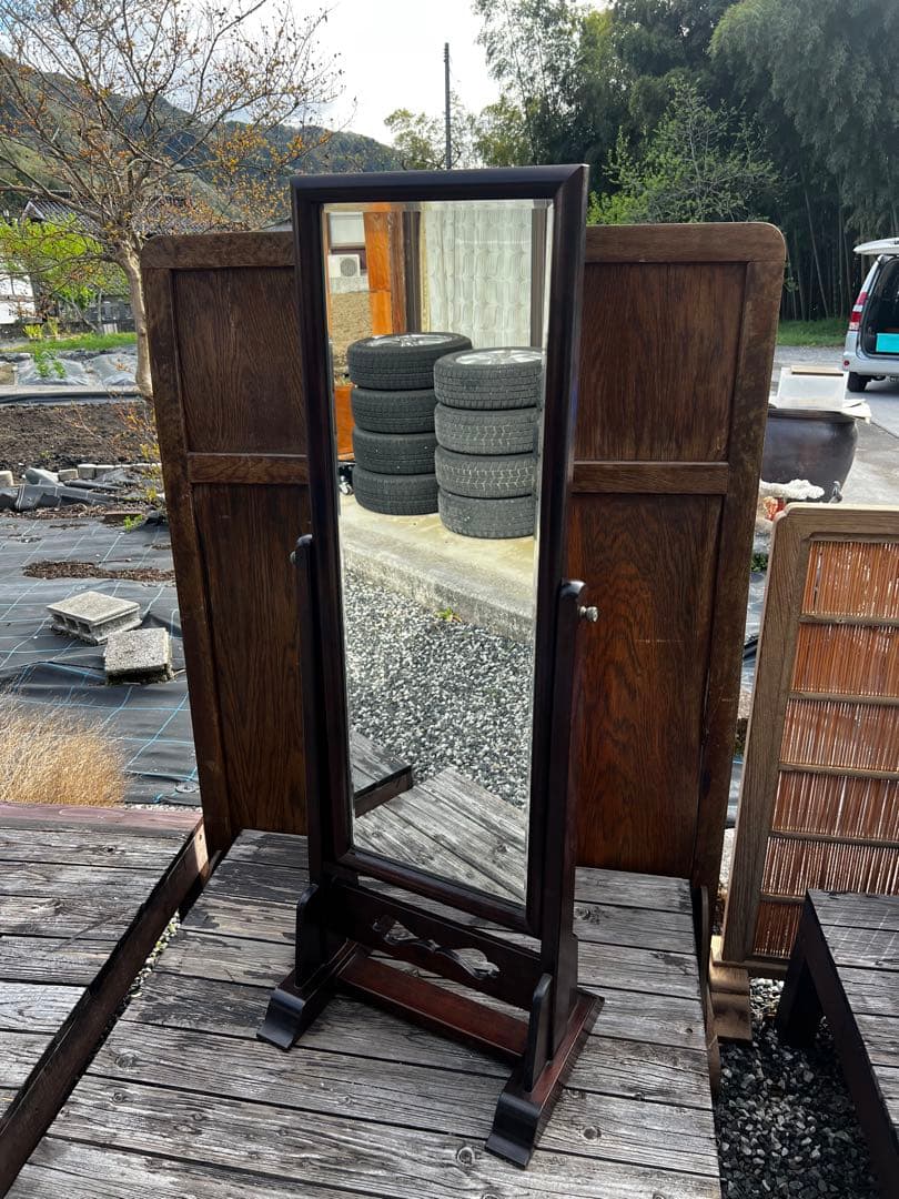 松本民芸家具 姿見 スタンドミラー 透かし彫り 民藝家具 定価12万円