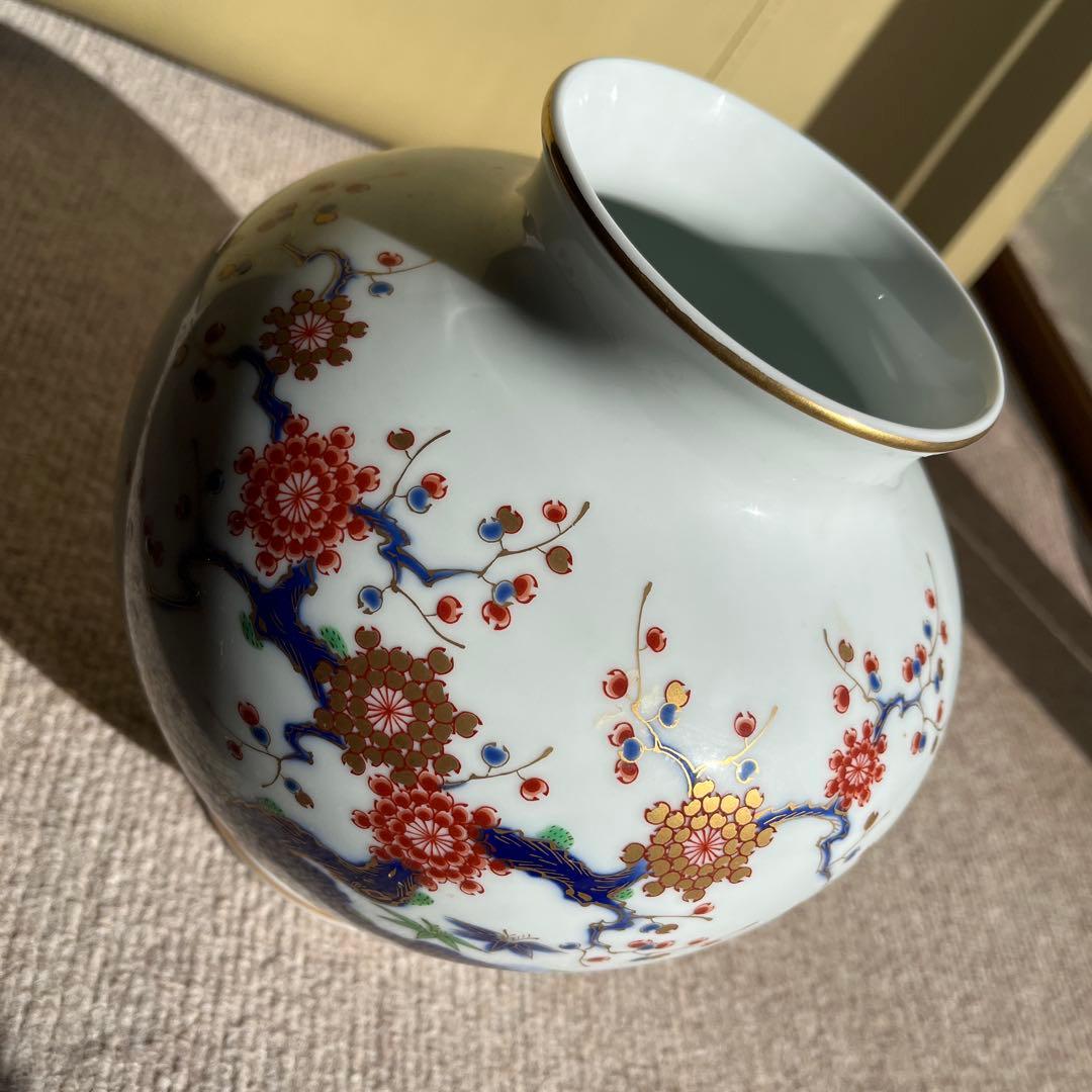 花柄金彩陶器花瓶 丸型　 深川製