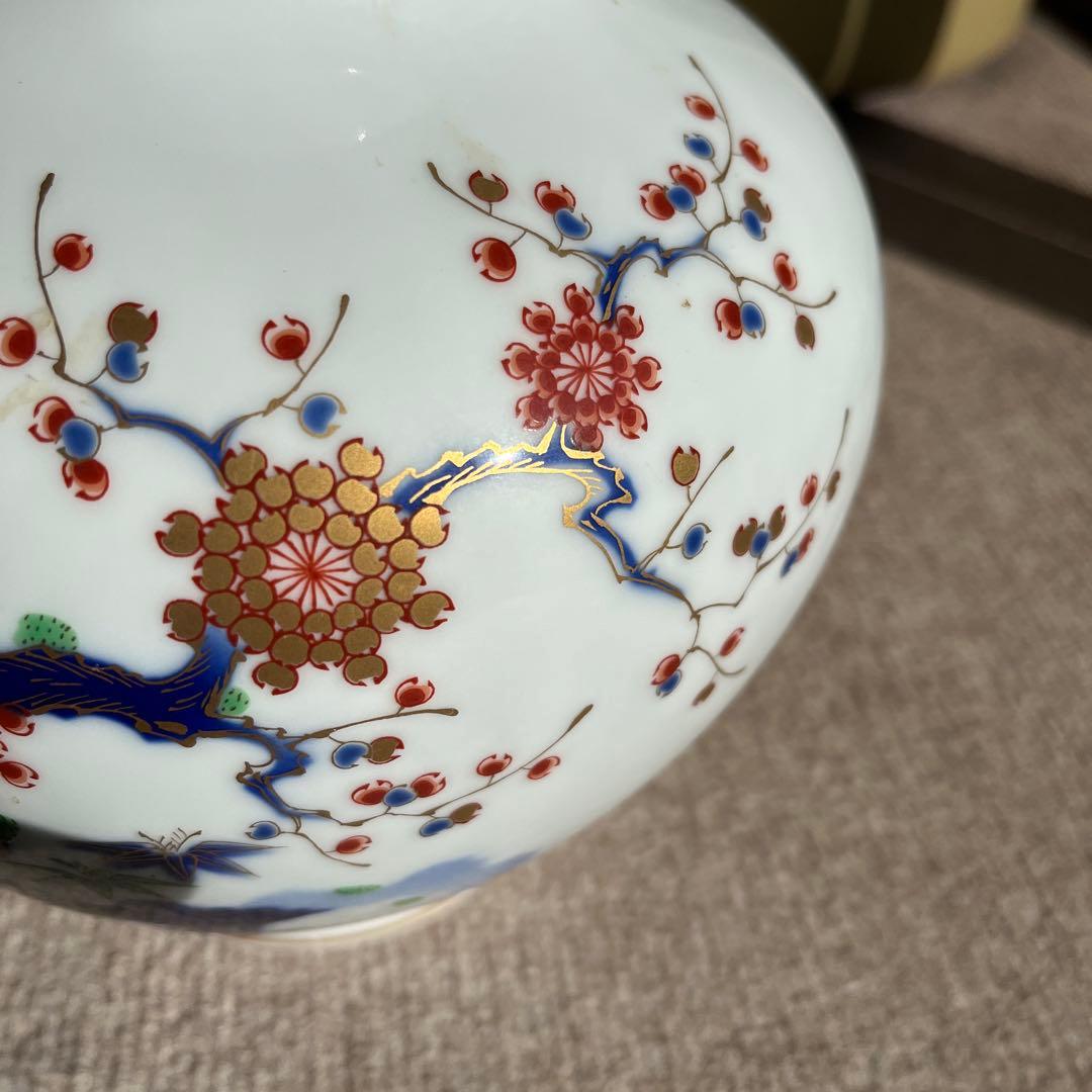 花柄金彩陶器花瓶 丸型　 深川製