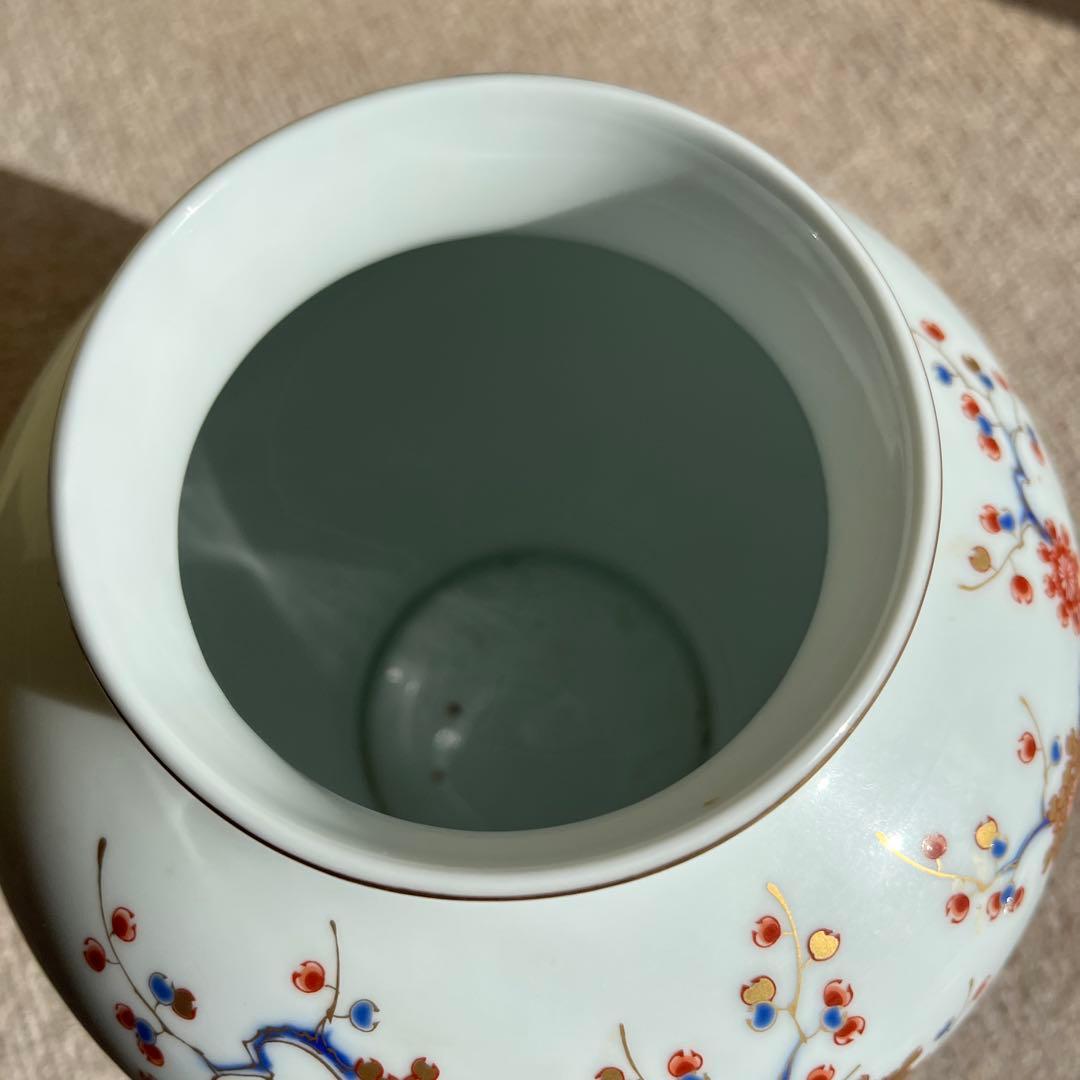 花柄金彩陶器花瓶 丸型　 深川製