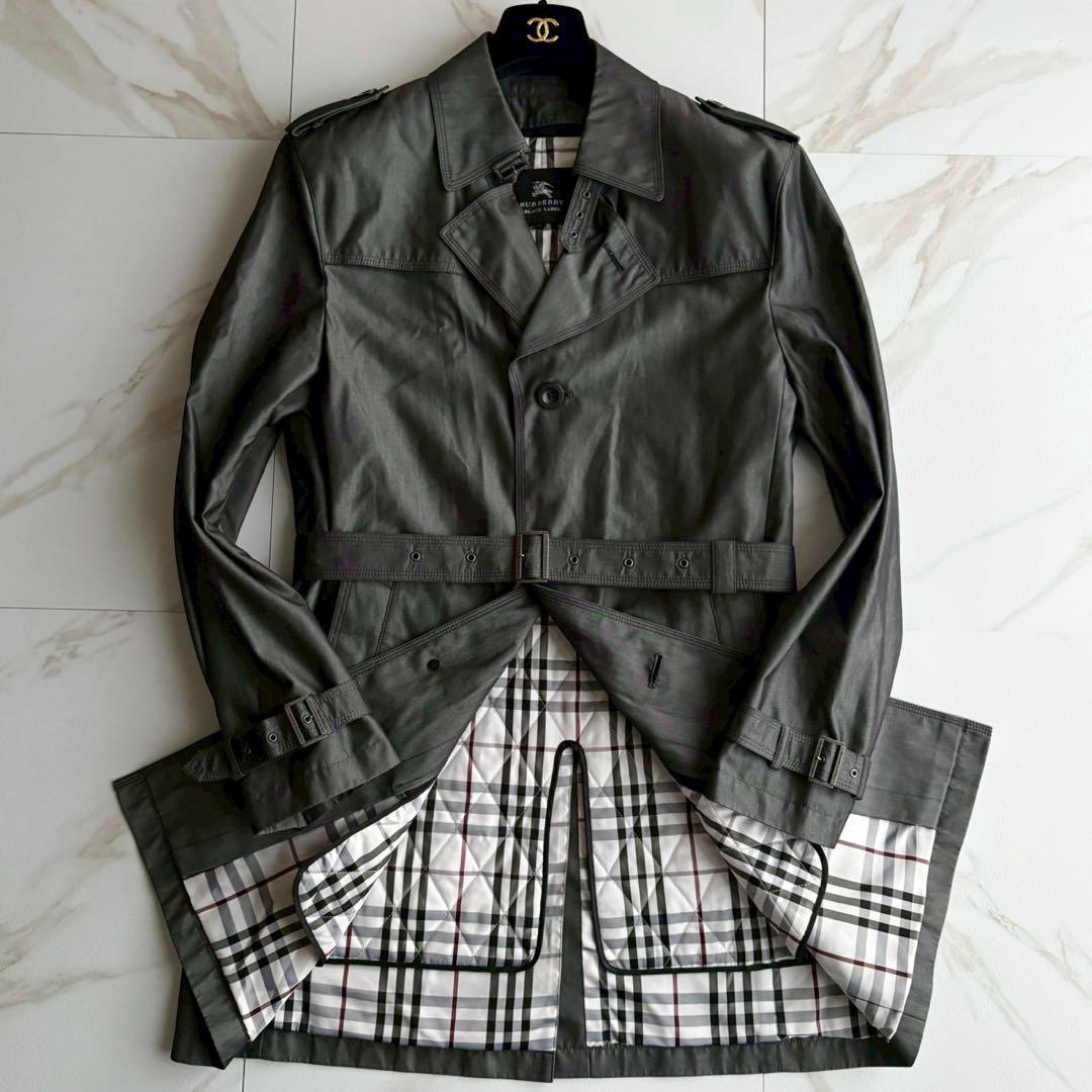 美品◆バーバリーブラックレーベル ライナー ベルト付 トレンチコート 光沢 XL