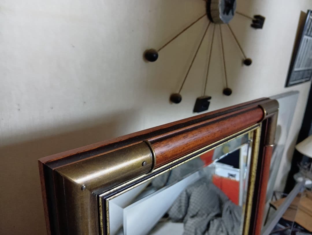 イタリア製　ウォールナット　ブラス　真鍮　金具　ビンテージ　ウォールミラー　姿見