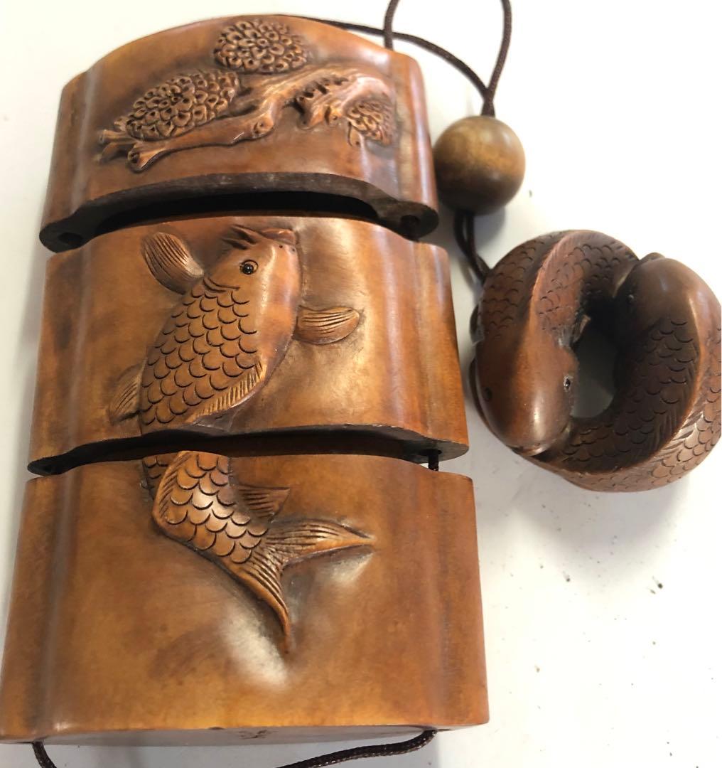 印籠鯉波の図手作りアンティークオブジェインテリア現品無料発送