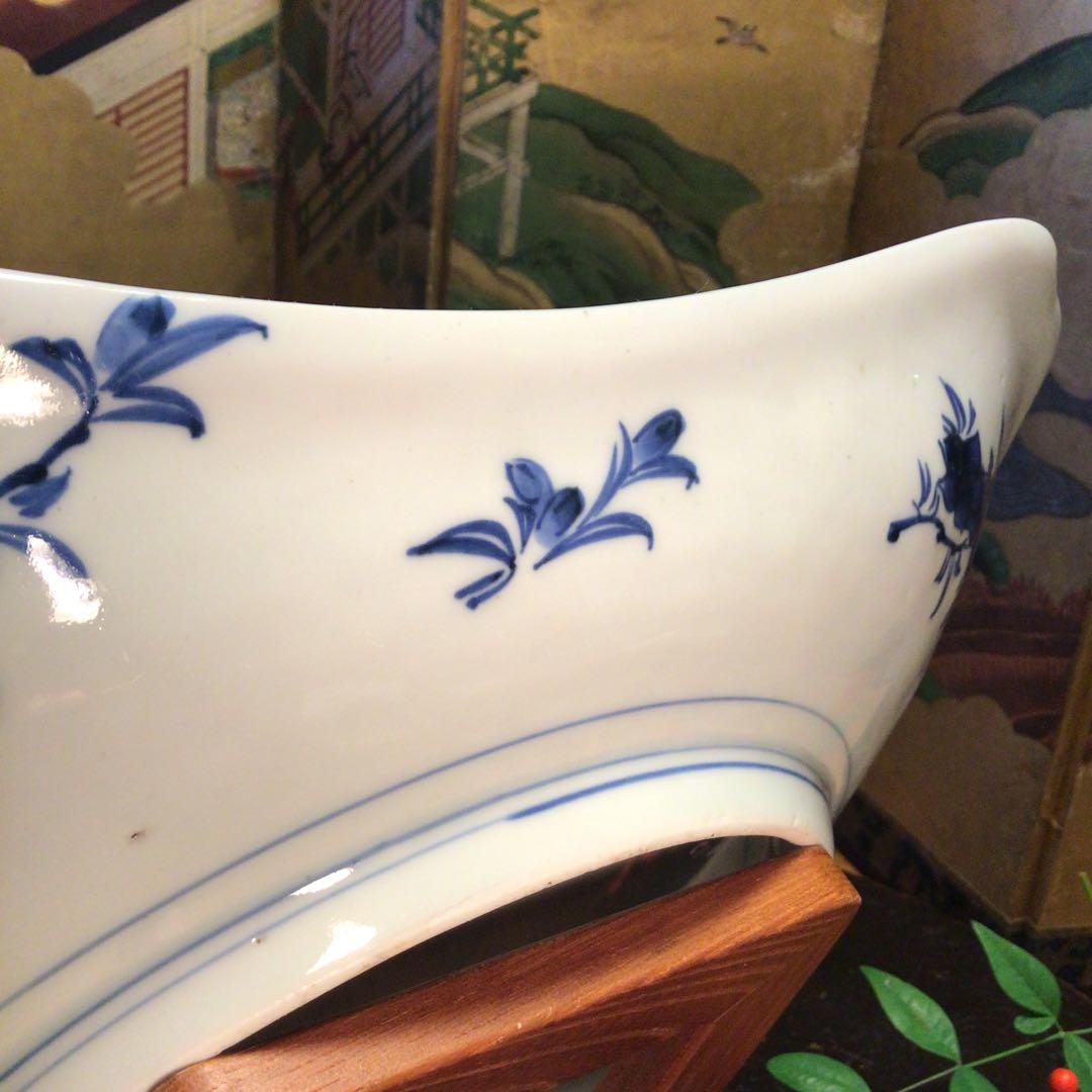 A893 古伊万里　染付　鯉に氷烈紋様　隅入角皿　1尺