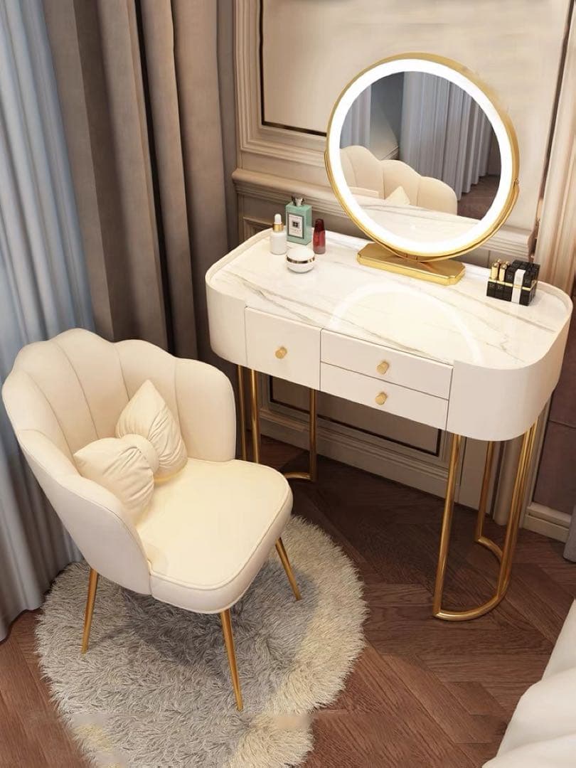 北欧風  ホワイト80cm オシャレドレッサーレザー調 大理石天板