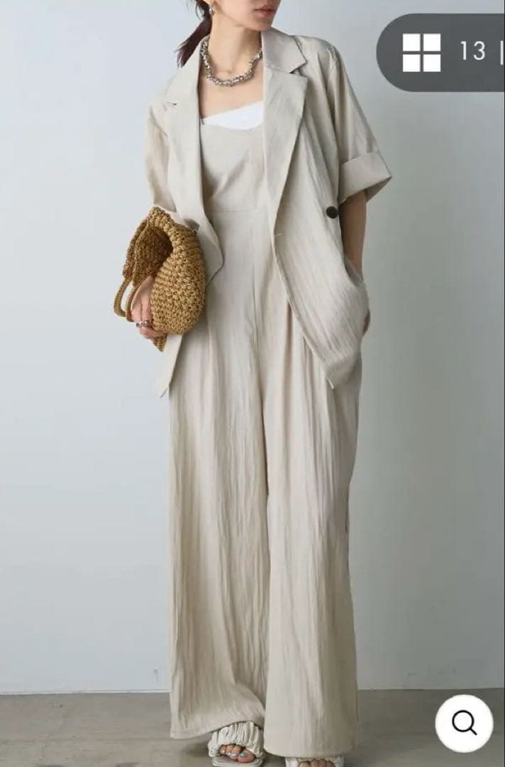 【esica】リネンライク半袖ダブルジャケット+リネンライクビスチェ風サロペット