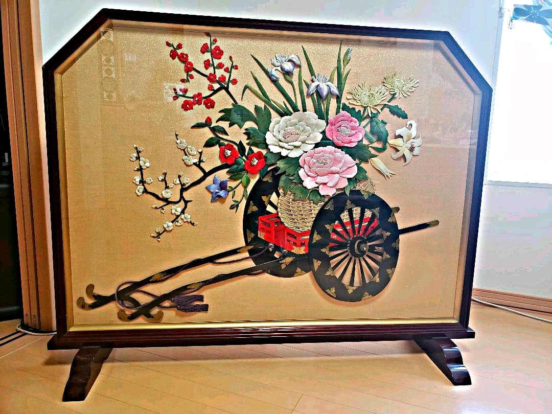 素敵な額入り華やかな花車の押絵