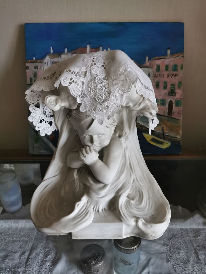ブリュッセルレース＆アンティークフランス 大型素焼きビスク彫像塑像 少年の祈り