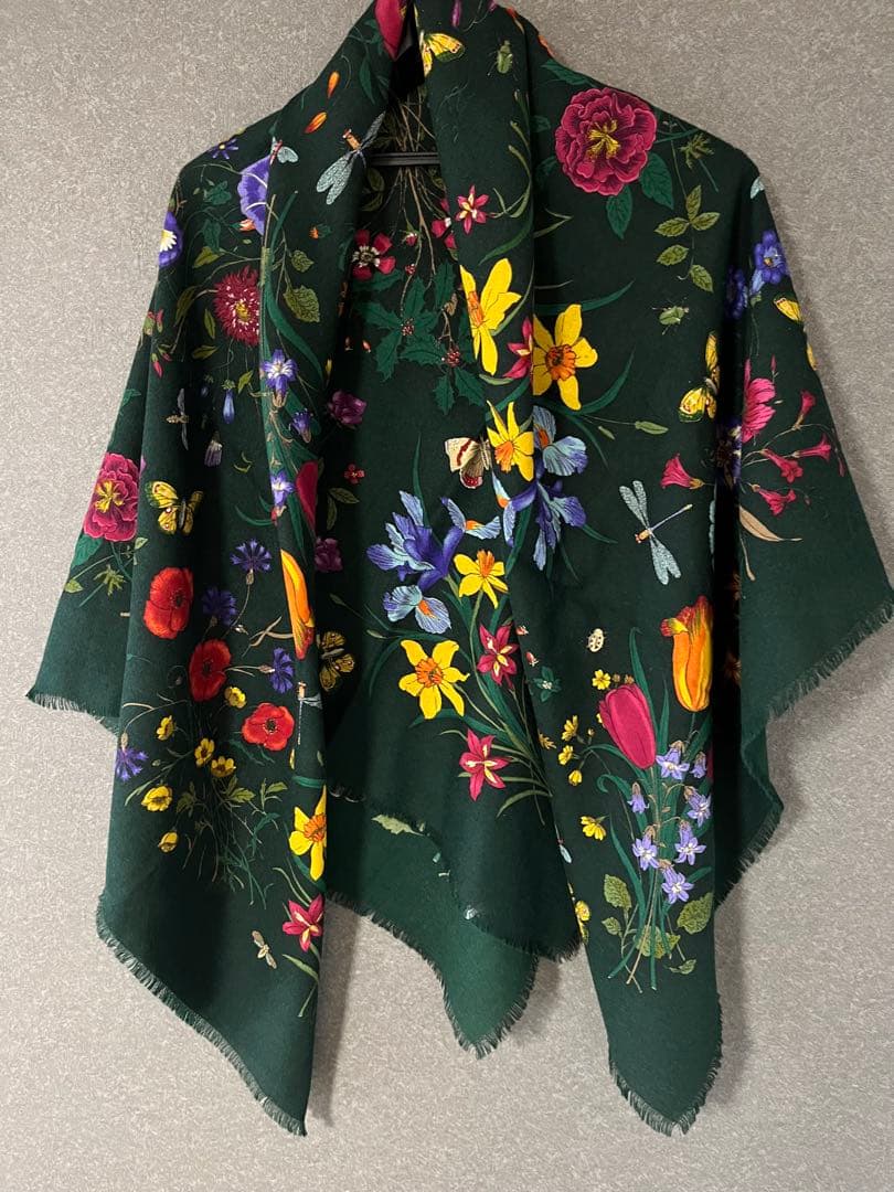 GUCCI グッチ 大判 ショール ストール ウール 花柄 美品　カーキ　みどり