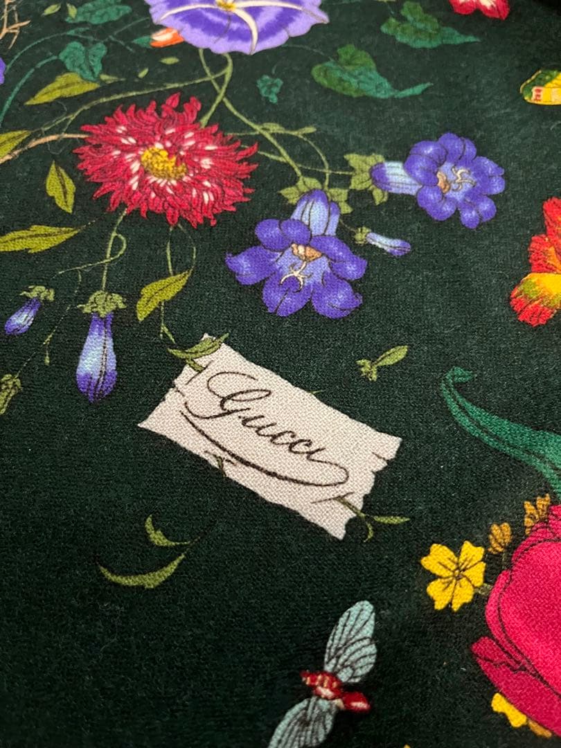 GUCCI グッチ 大判 ショール ストール ウール 花柄 美品　カーキ　みどり
