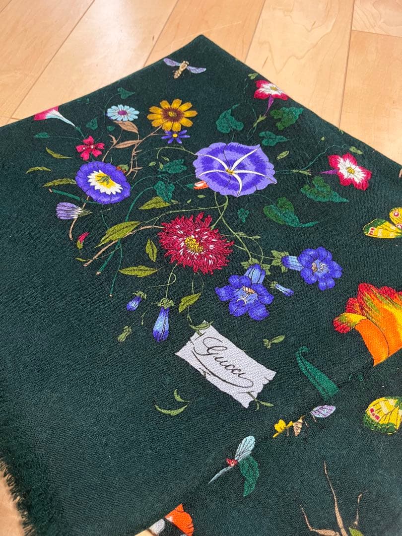 GUCCI グッチ 大判 ショール ストール ウール 花柄 美品　カーキ　みどり