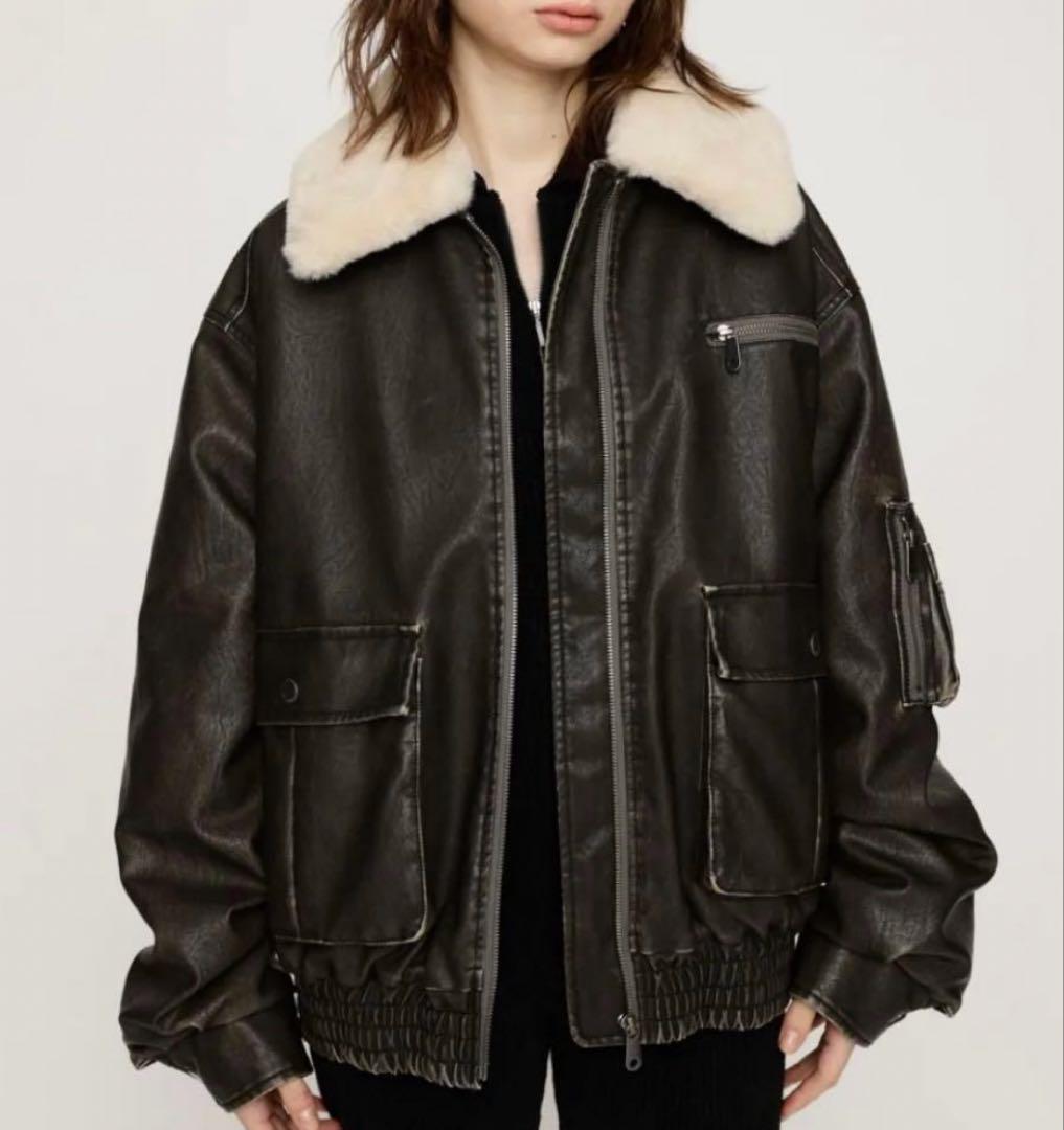 SLY ヴィンテージフェイクレザーショートブルゾン ブラック