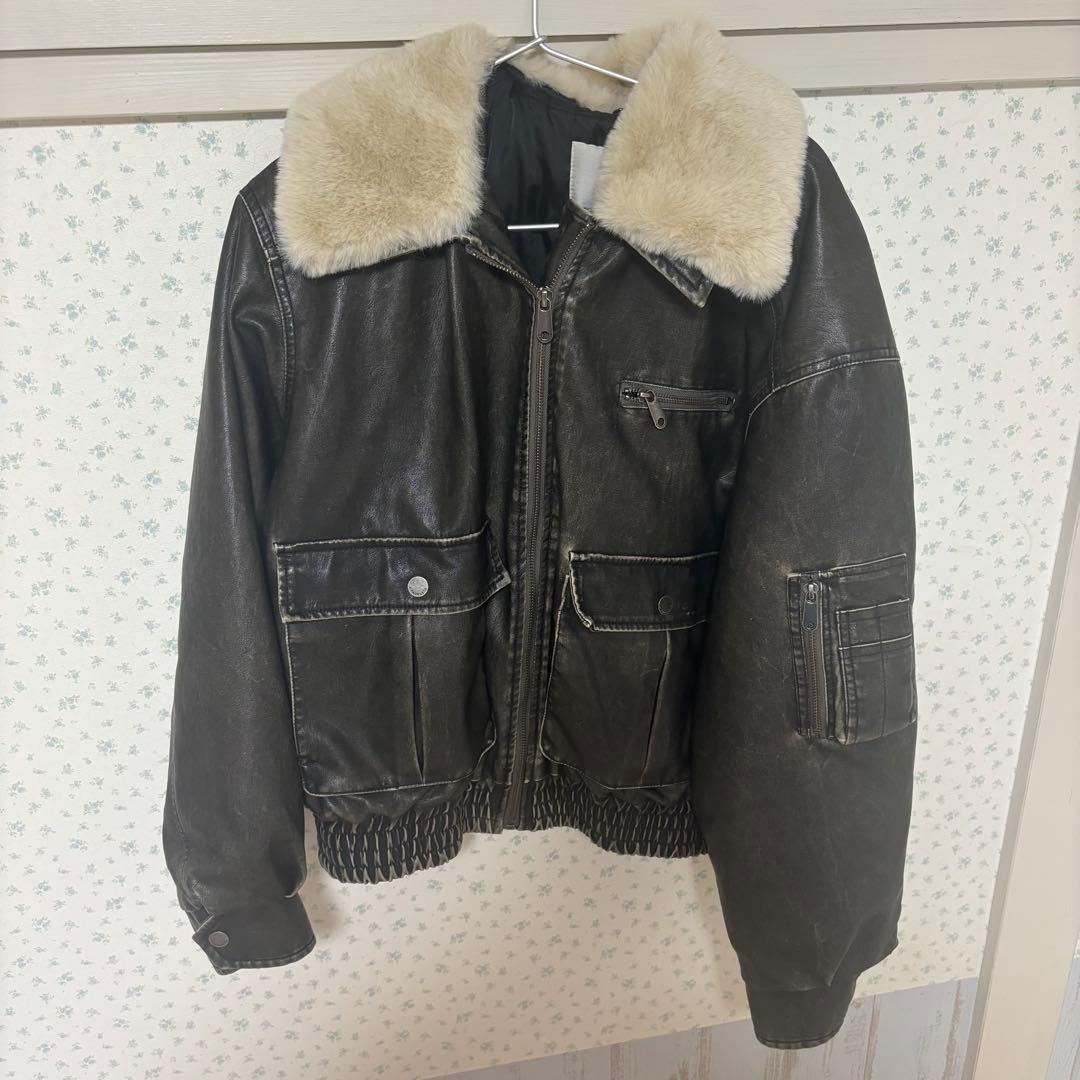 SLY ヴィンテージフェイクレザーショートブルゾン ブラック