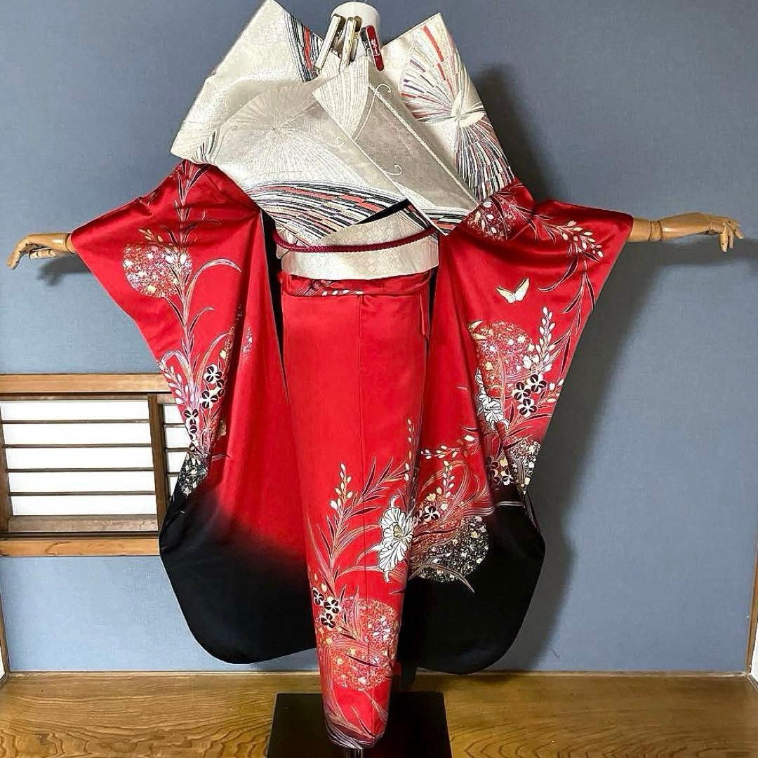 振袖フルセット　高身長　手描き友禅　成人式振袖　振袖　裄丈68 赤黒　バタフライ