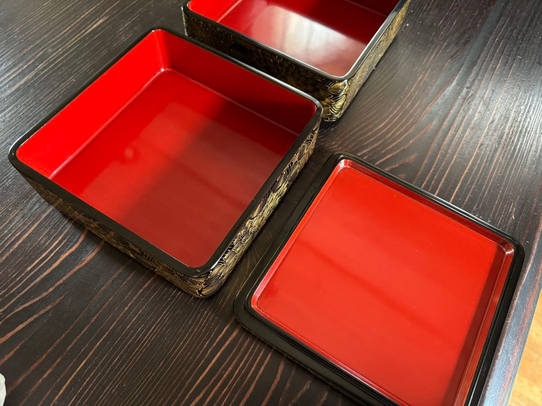 輪島塗（重要無形文化財）沈金 花詰文 二段重