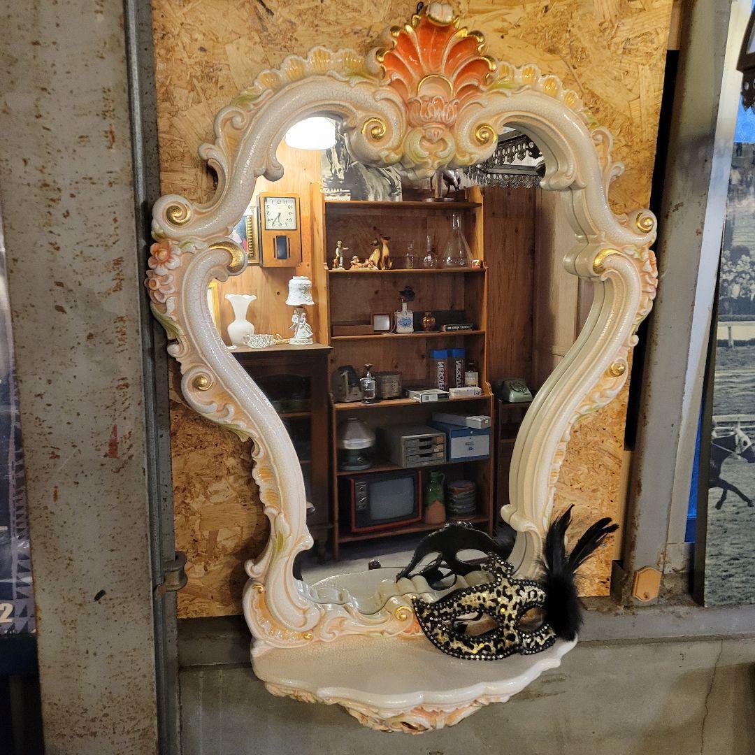 ヴィンテージ調 壁掛けミラー 飾り棚付き ロココ調 アンティーク風 鏡