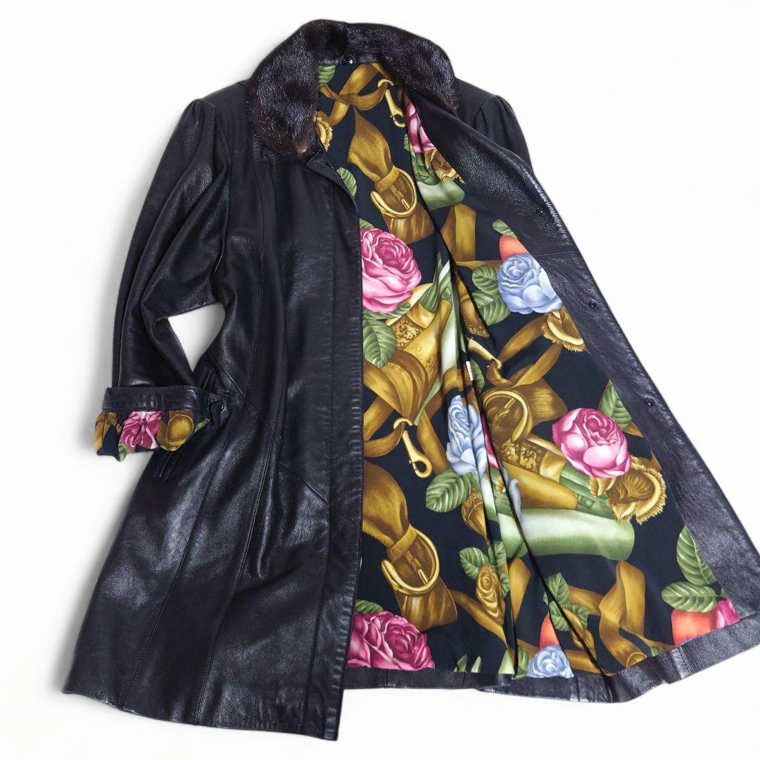 ヴィンテージ 羊革 レザーコート 花柄 ファー着脱可 比翼仕立て