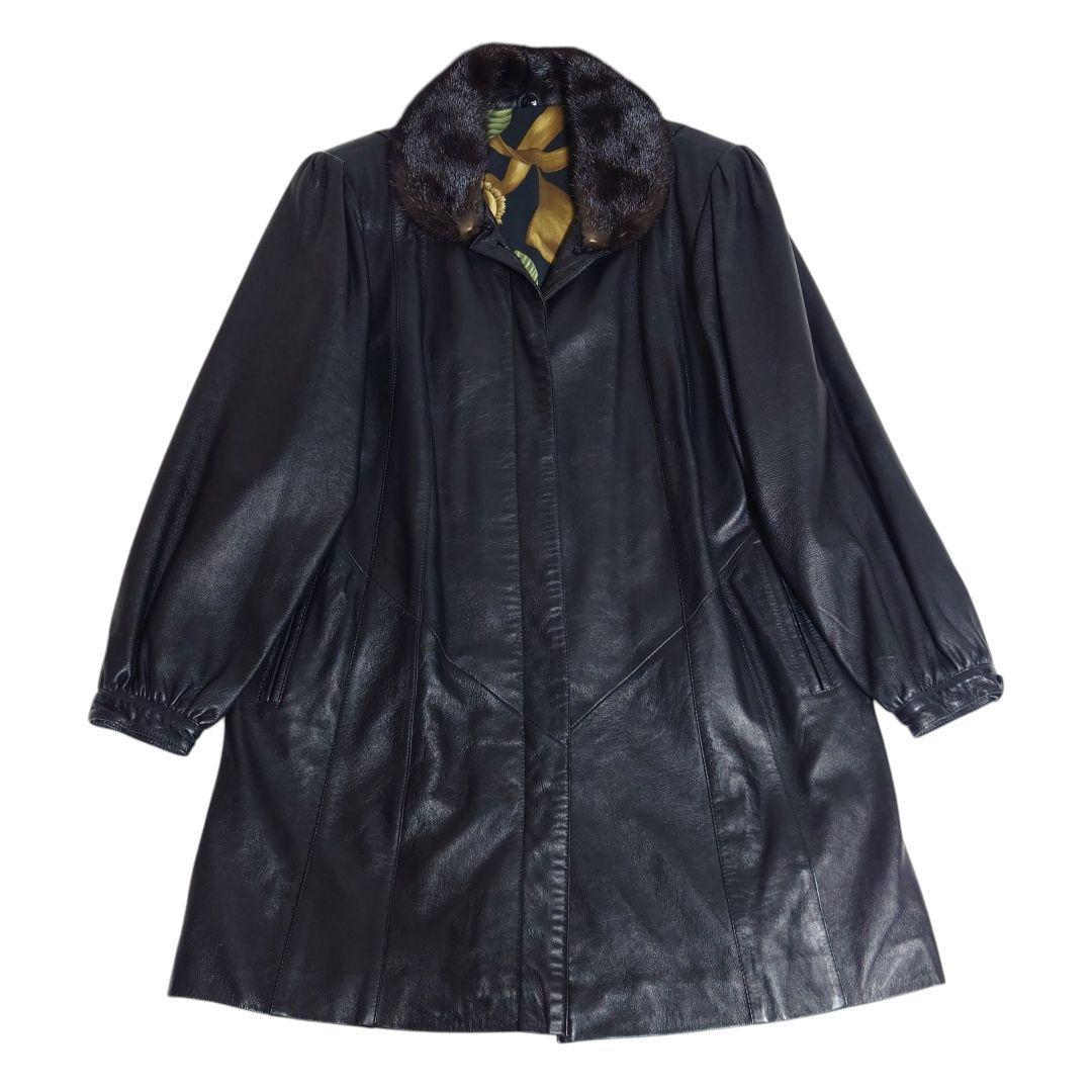 ヴィンテージ 羊革 レザーコート 花柄 ファー着脱可 比翼仕立て