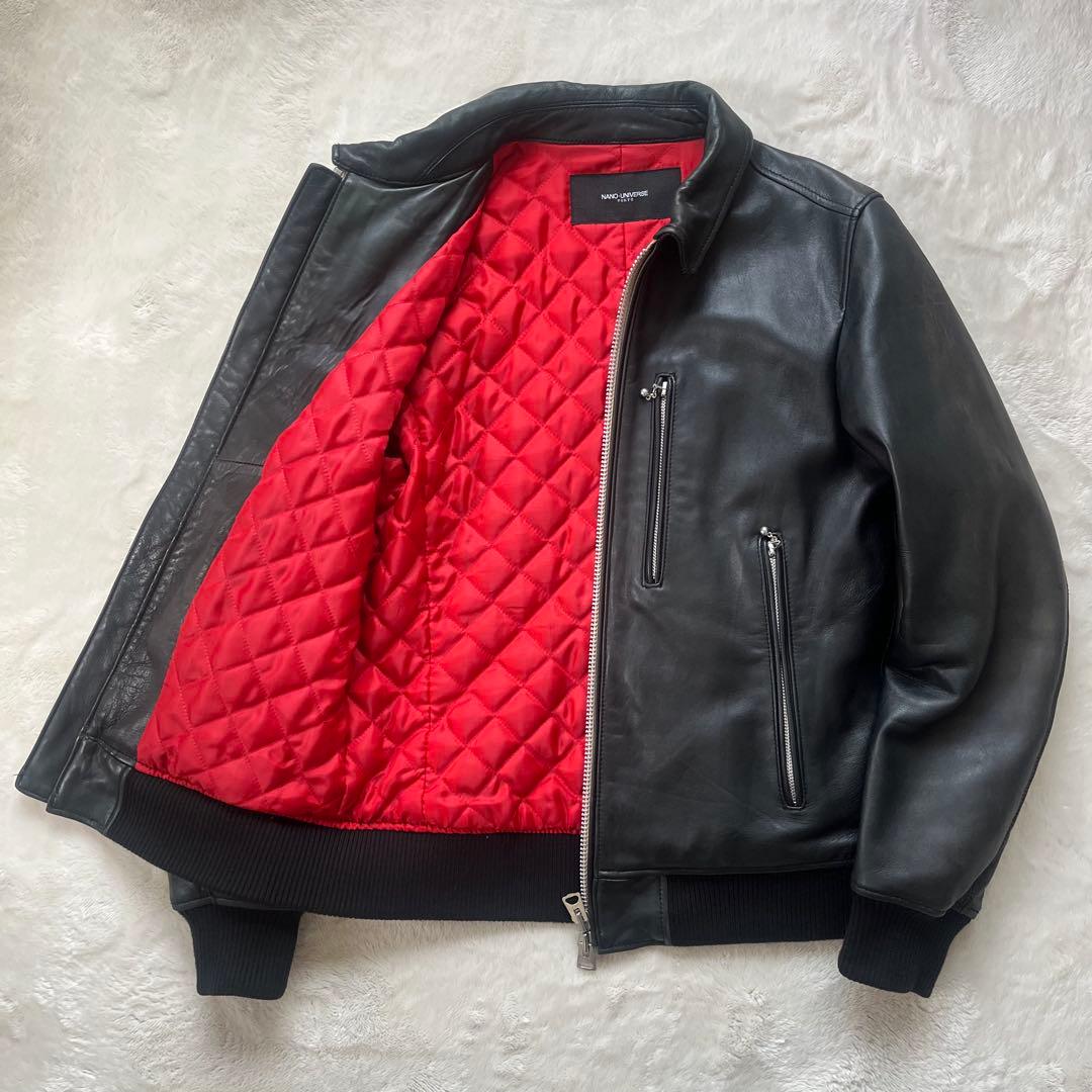 鮮烈レッド裏地✨ナノユニバース　羊革ラムレザージャケット　L キルティング　黒