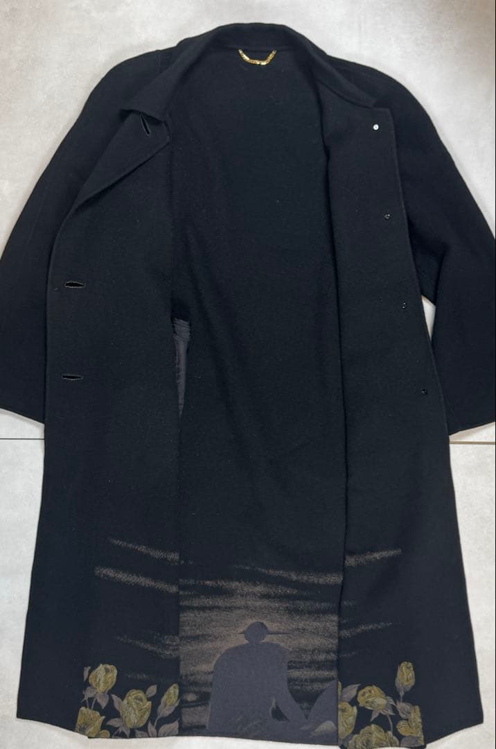 カシミヤ ロングコート 裏地デザイン柄 ウール 黒