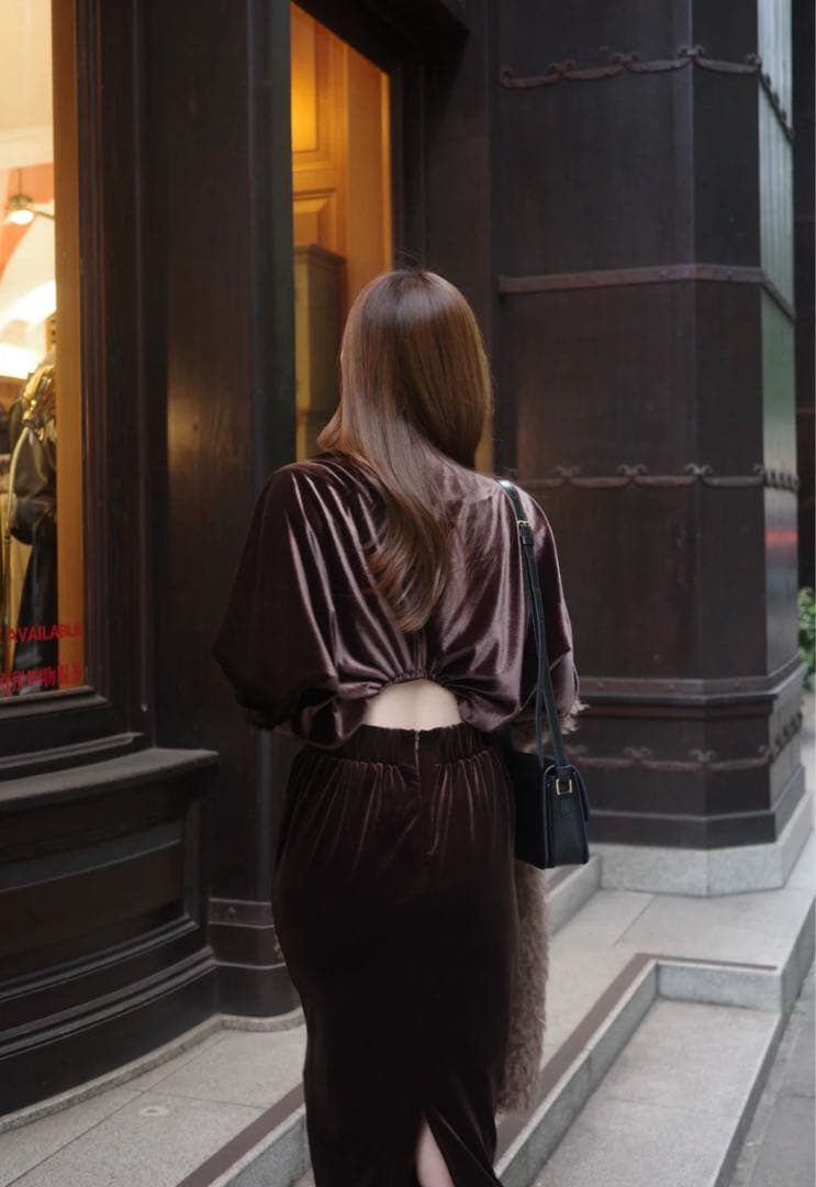 完売品！poláura グロッシーベロアドレープドレス ブラウン