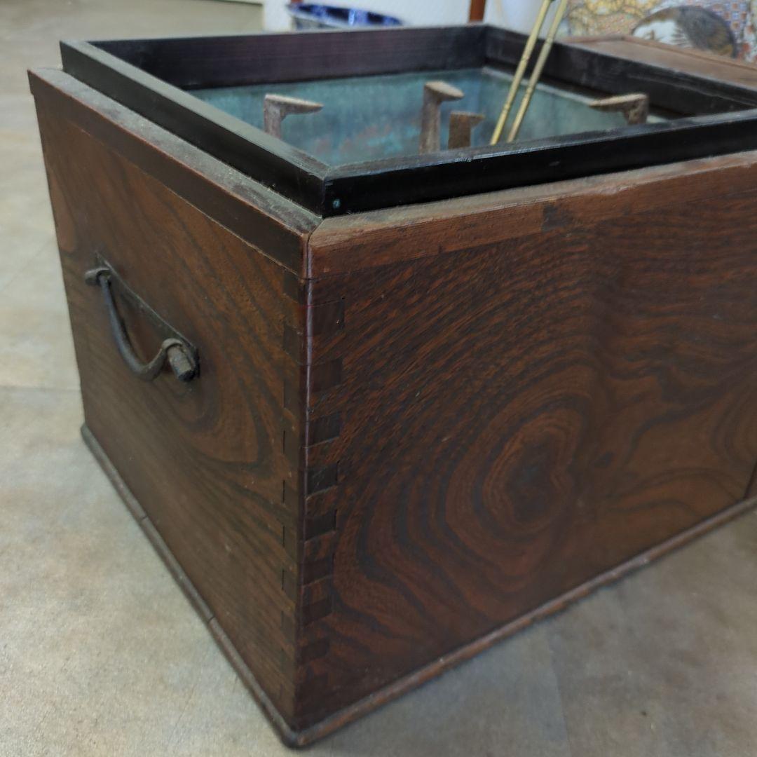 骨董 長火鉢 瓢箪五徳、火箸、灰付き 引き出し 関東火鉢 小振り