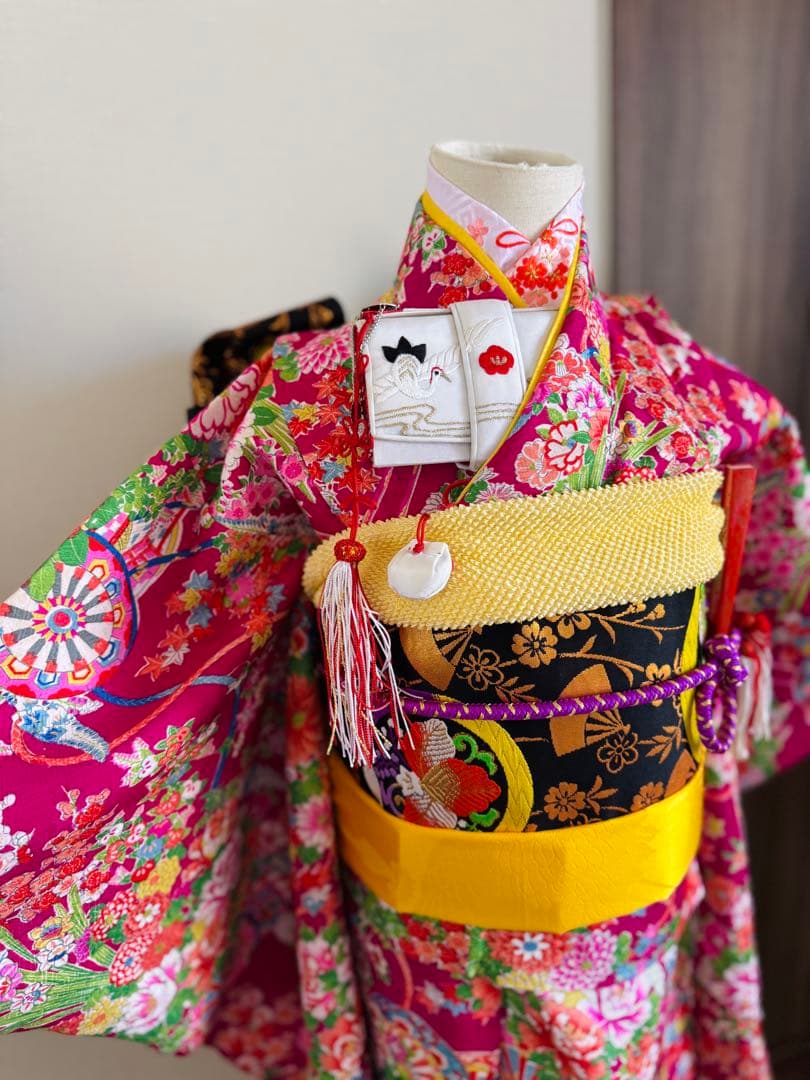 七五三に★正絹アンティーク着物　花車に四季花々　七歳着物、作り帯のセット