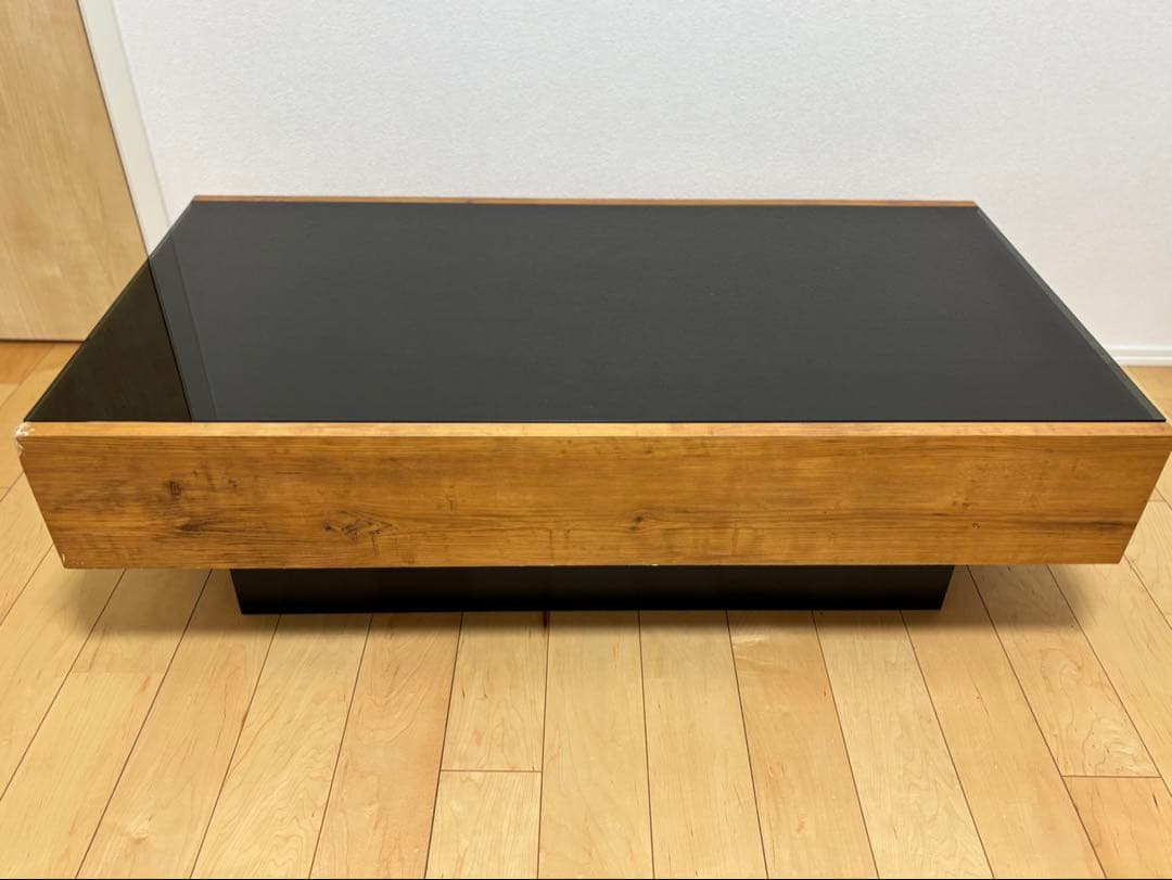 センターテーブル 黒ガラス天板 木製引き出し付き