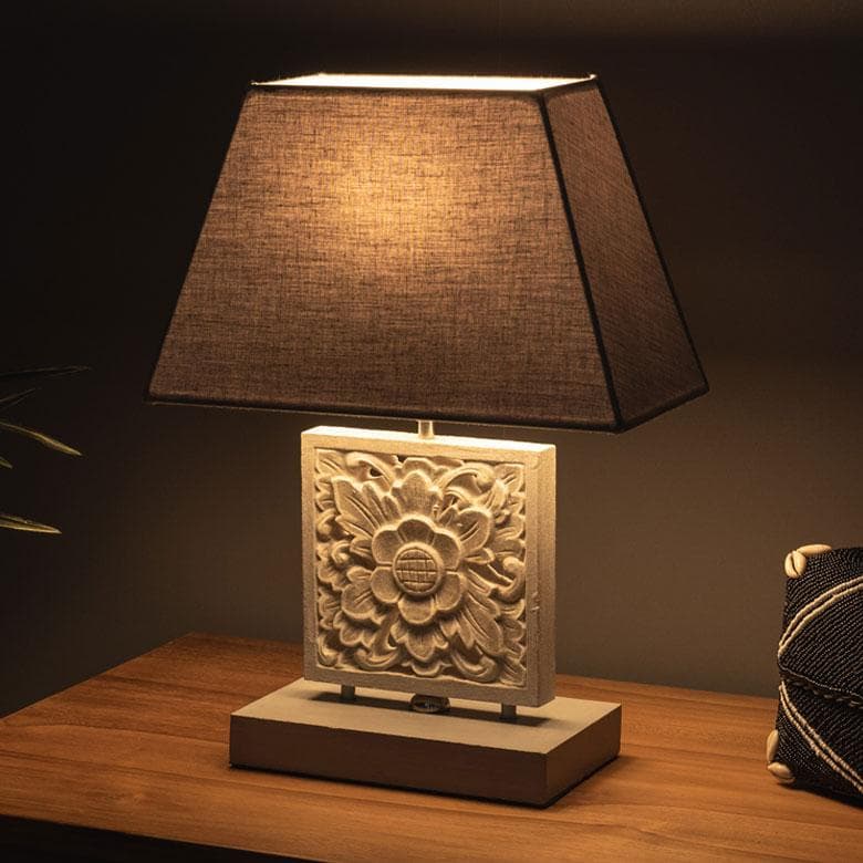 テーブルランプ コットンシェード 木彫り風スタンド 間接照明