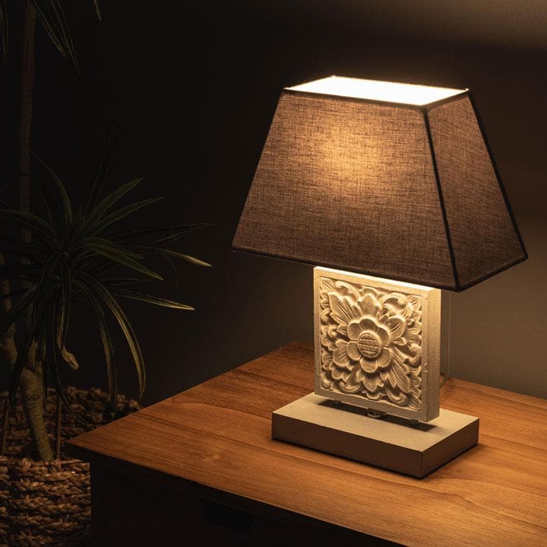 テーブルランプ コットンシェード 木彫り風スタンド 間接照明