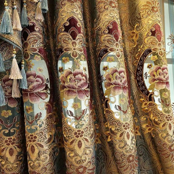 カーテン 高級 ゴールド ドレープカーテン レースカーテン おしゃれ 花柄 刺繍