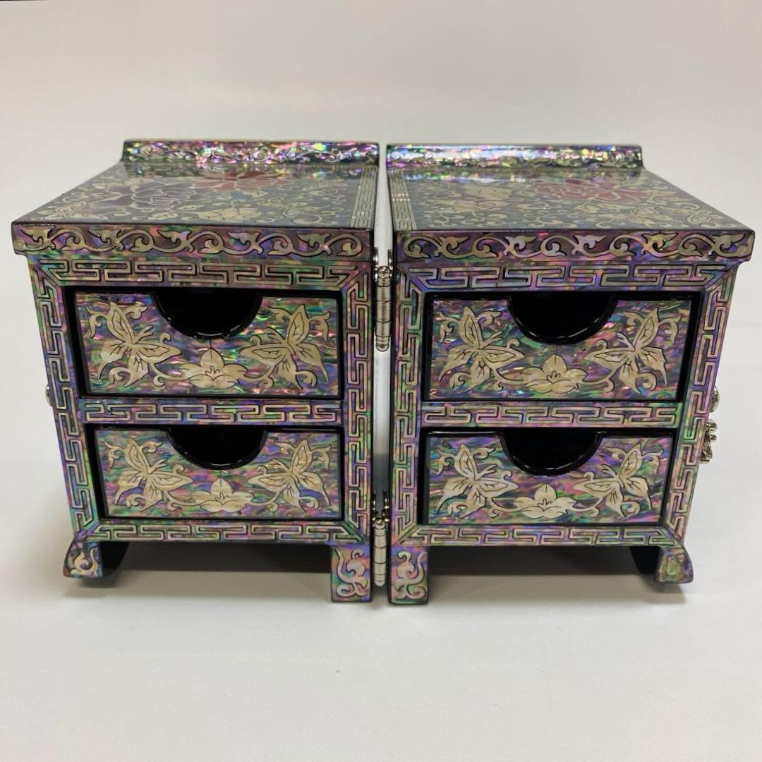 【新品】 韓国　螺鈿　宝石箱 伝統工芸　漆塗り ブルー系 1点 ミニ箪笥