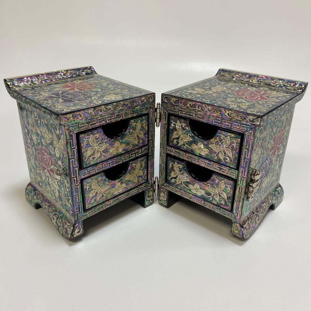 【新品】 韓国　螺鈿　宝石箱 伝統工芸　漆塗り ブルー系 1点 ミニ箪笥