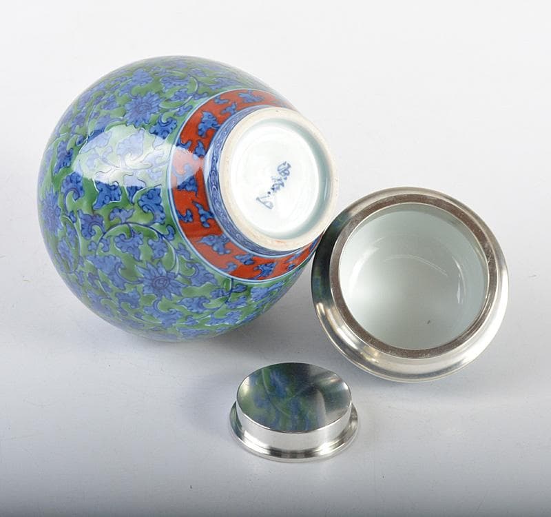 茶道具　有田焼　館林源右衛門　緑彩　唐草文　錫口　茶壺　共箱　F　R4621