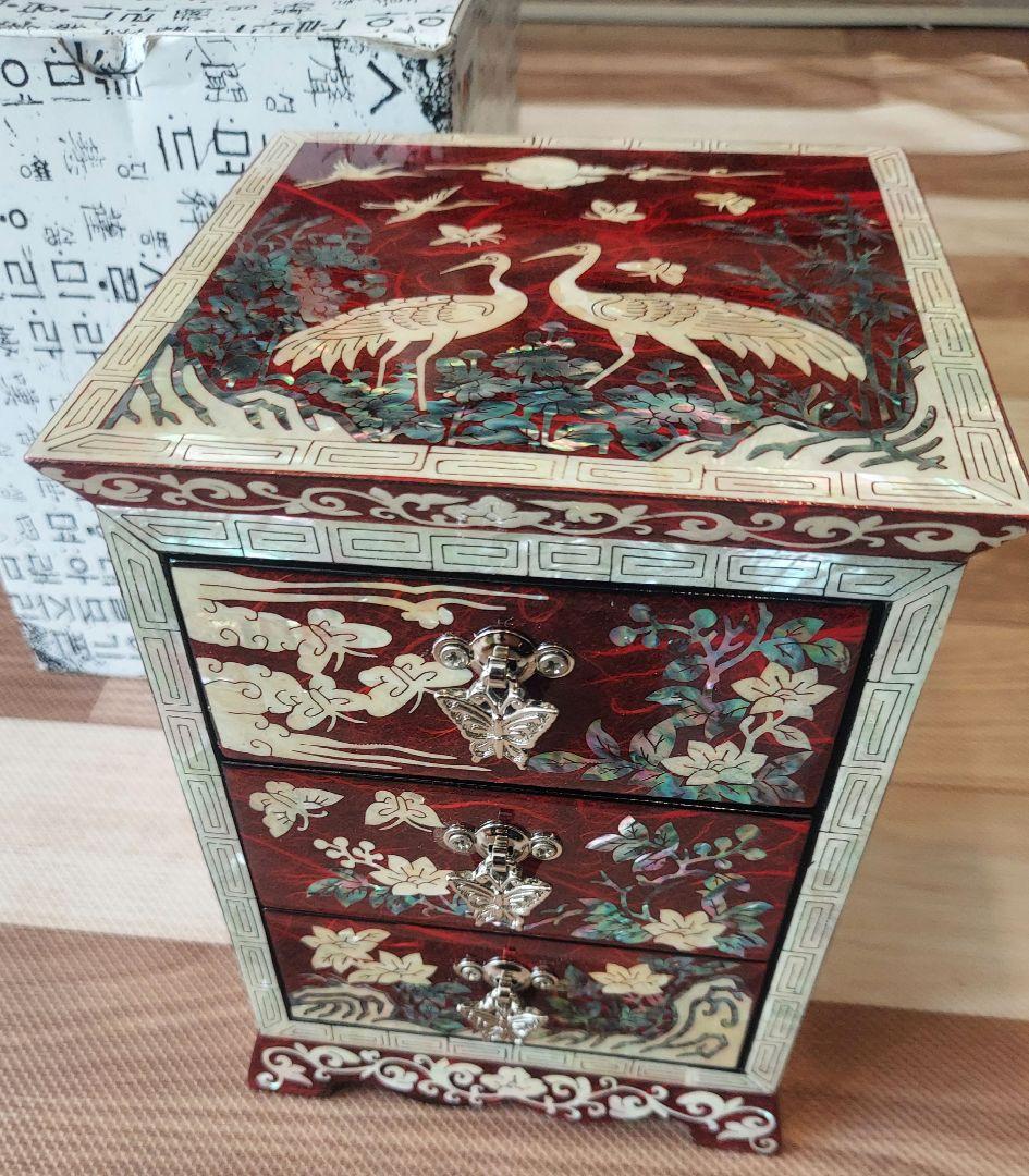韓国 螺鈿 宝石箱 鶴花蝶 3段 引き出し ジュエリーボックス