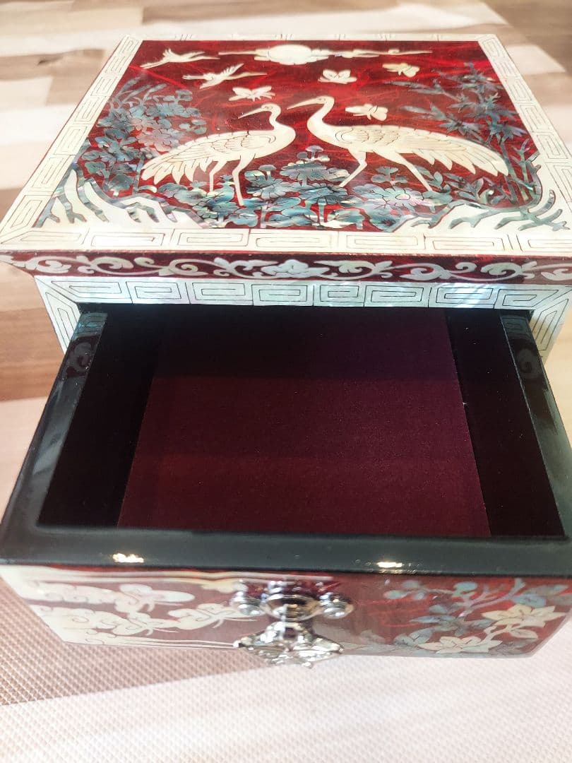 韓国 螺鈿 宝石箱 鶴花蝶 3段 引き出し ジュエリーボックス