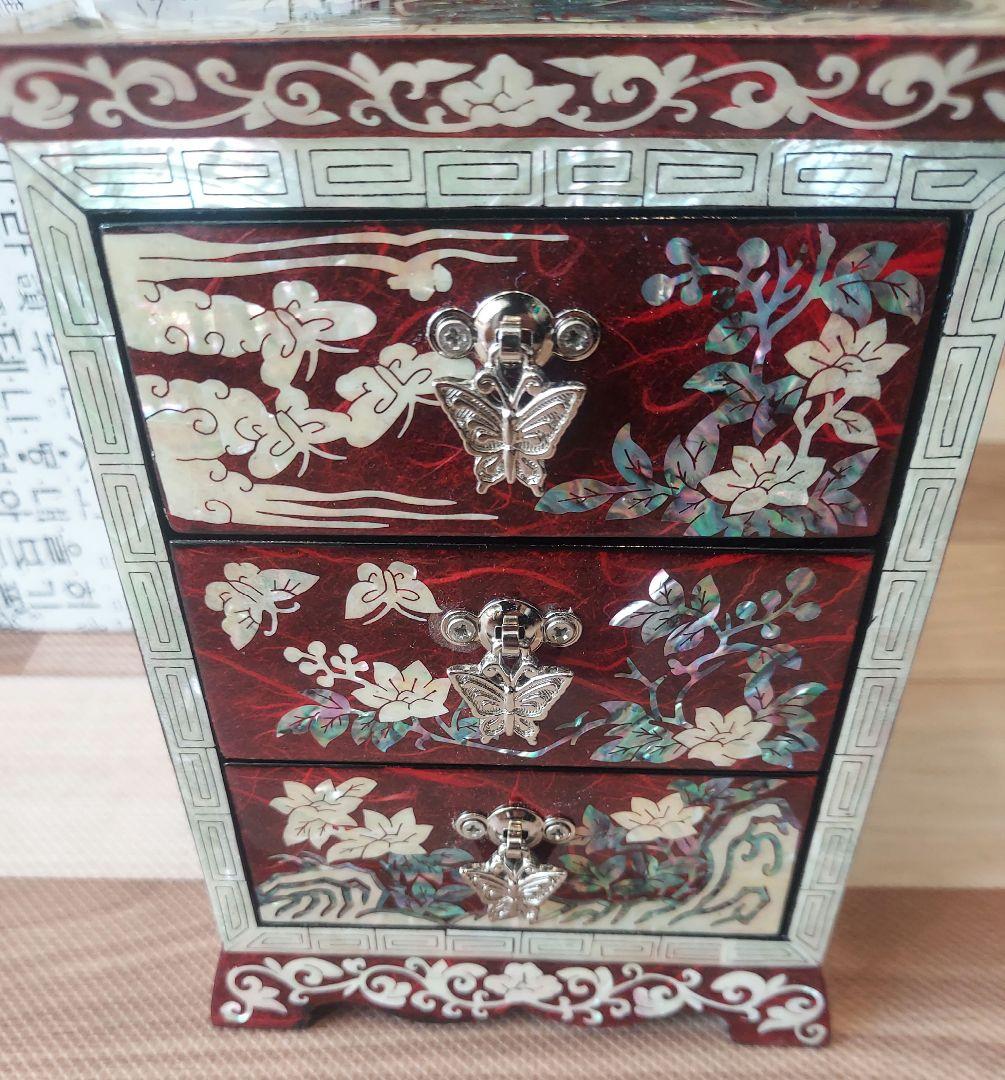 韓国 螺鈿 宝石箱 鶴花蝶 3段 引き出し ジュエリーボックス