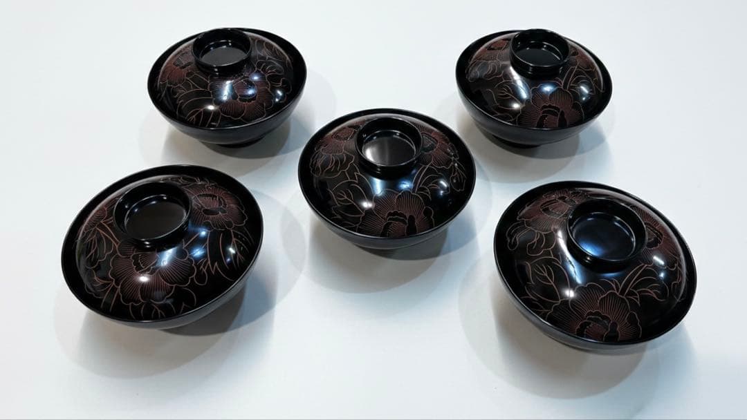 【最高級】輪島塗 牡丹彫 吸物椀 5客セット 共箱・布付き 天然木 漆器