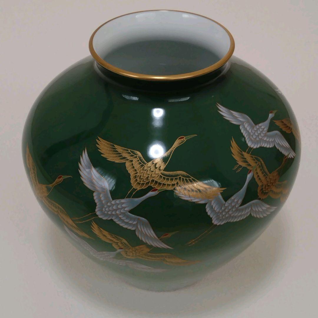 香蘭社　鶴　花瓶　緑