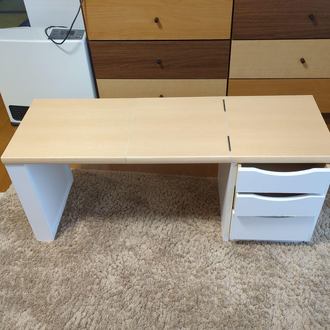 木製デスク 伸縮机　折りたたみ机　日本産　3引き出し付き 　コンパクト