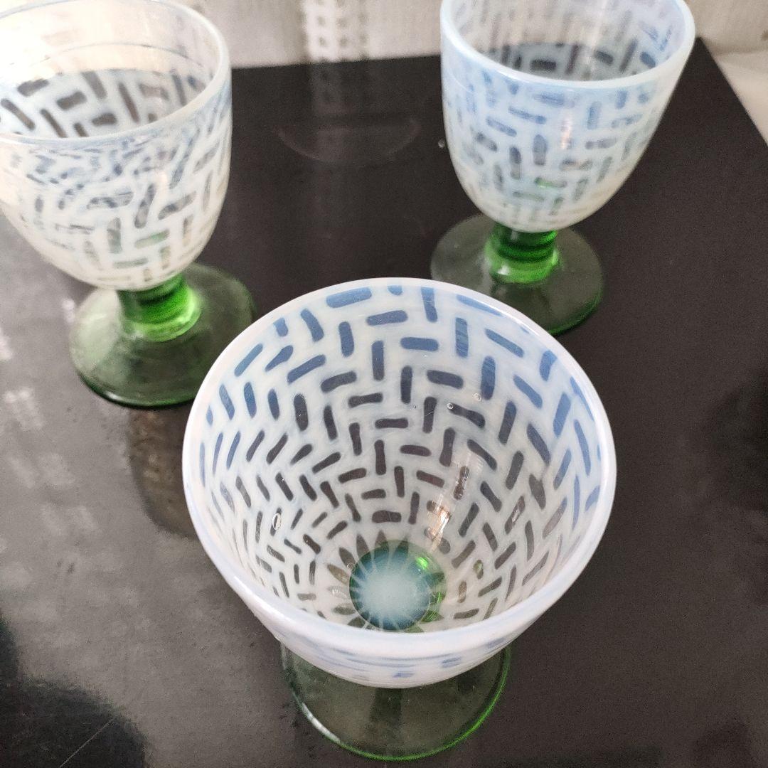 大正ロマン氷コップ 乳白色 脚付きグラス 3個セット