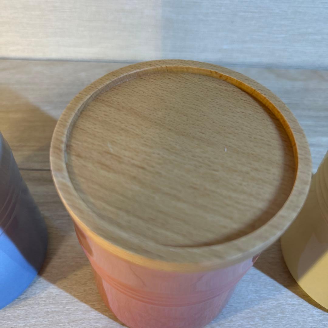 ルクルーゼ　キャニスター　シリンダージャー　木製蓋付き　3個セット