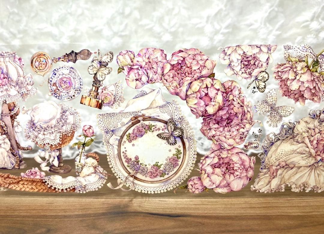 【KN058】海外PET貝殻光マスキングテープ　マステ切り売り　芍药季　お花