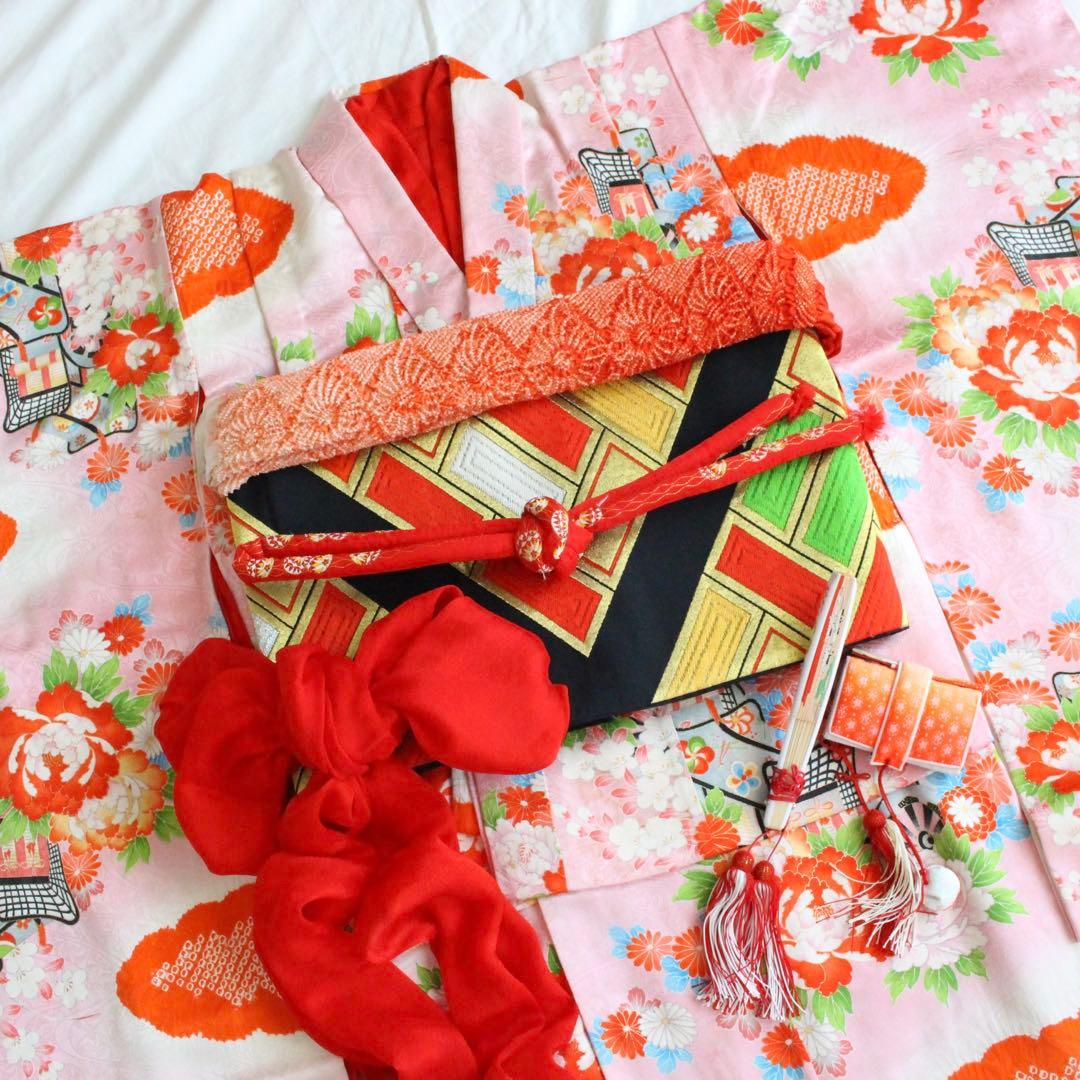 七五三 7歳 女の子 子供 正絹 ビーズバッグ 着物 帯 セット