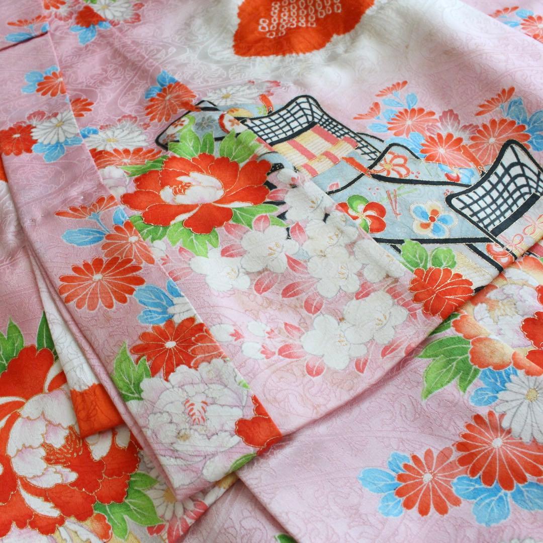 七五三 7歳 女の子 子供 正絹 ビーズバッグ 着物 帯 セット