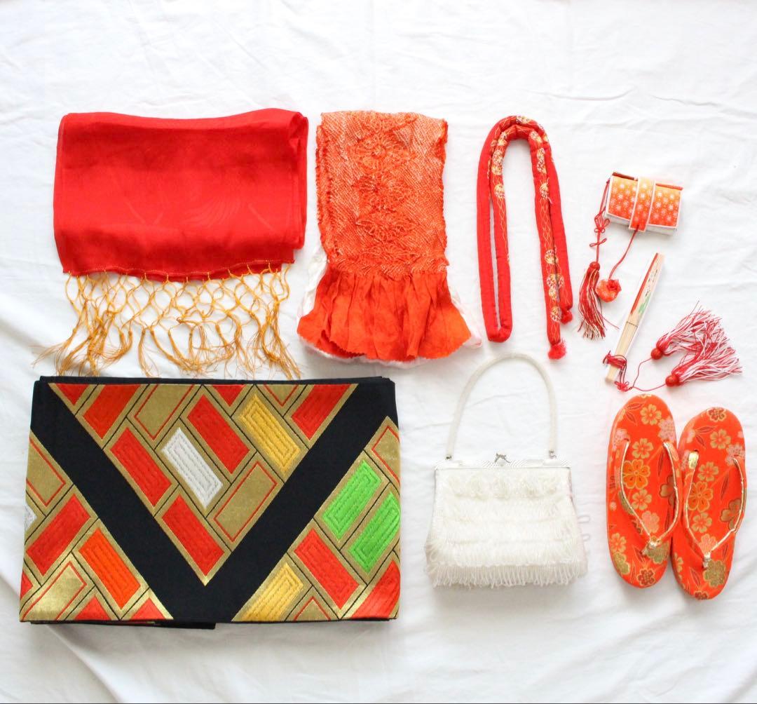 七五三 7歳 女の子 子供 正絹 ビーズバッグ 着物 帯 セット