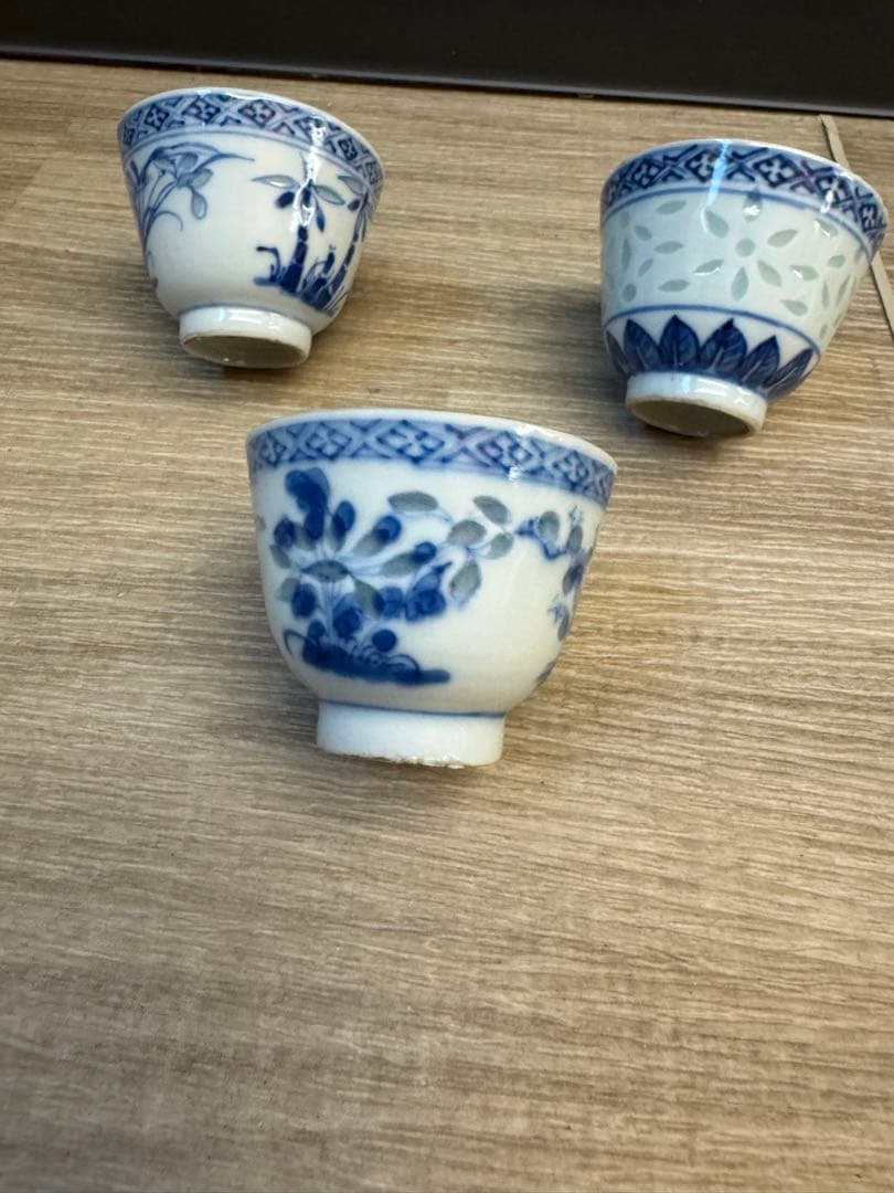 1521 中国骨董　康熙年製銘　染付青花湯呑　3客　時代物