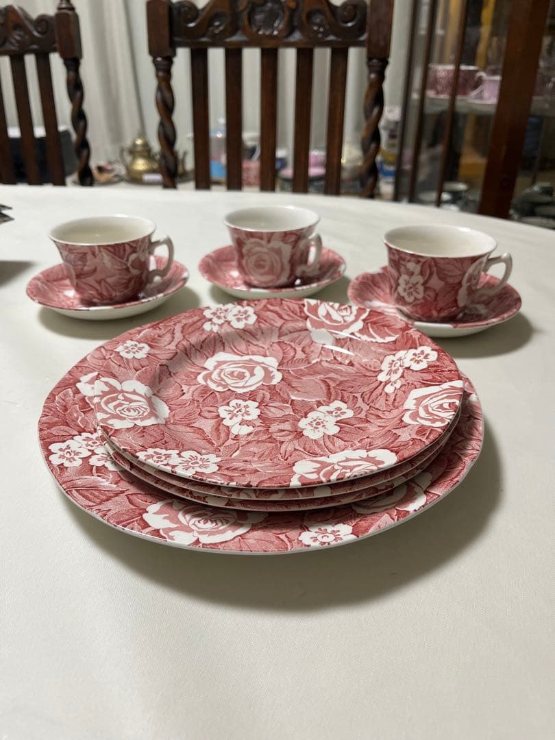 ヴンテージburleighビクトリアンチンツ 大中プレート4枚、カップ3個セット