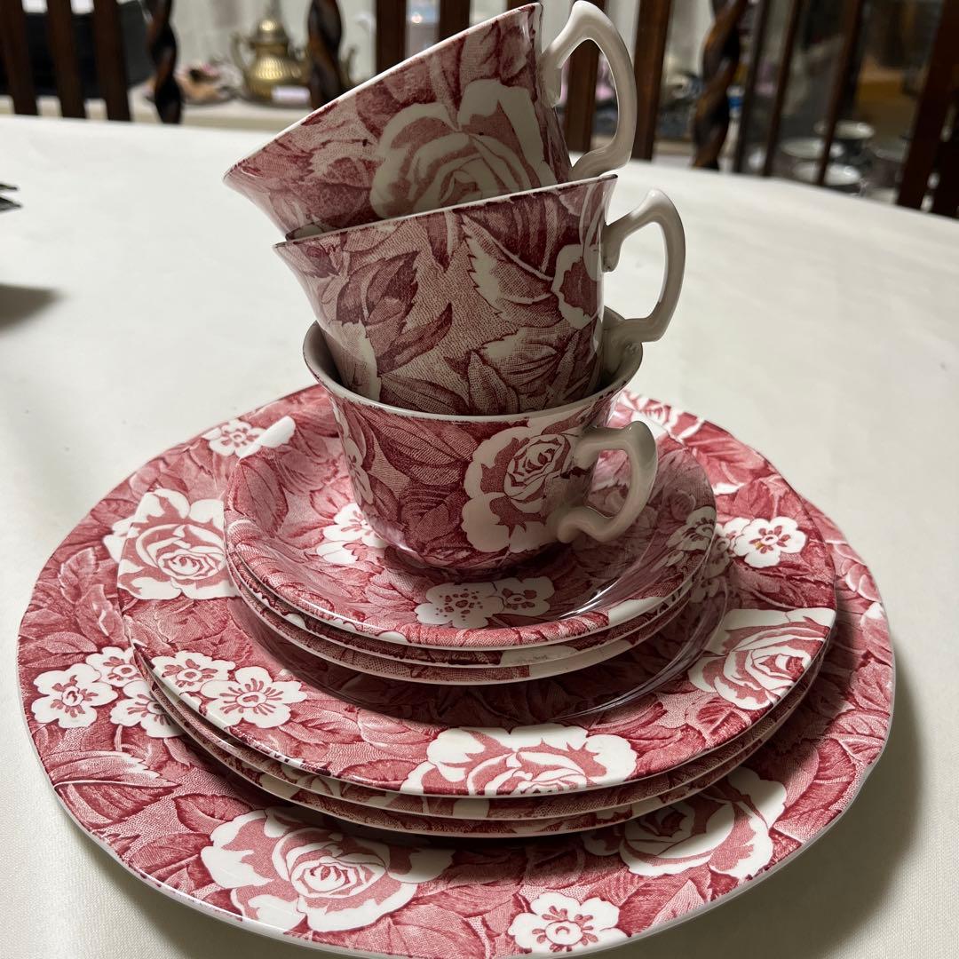 ヴンテージburleighビクトリアンチンツ 大中プレート4枚、カップ3個セット